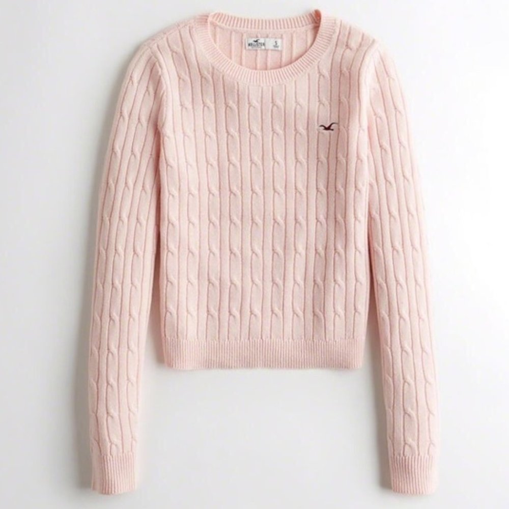 Cable Crewneck Pink Sweater - Hollister